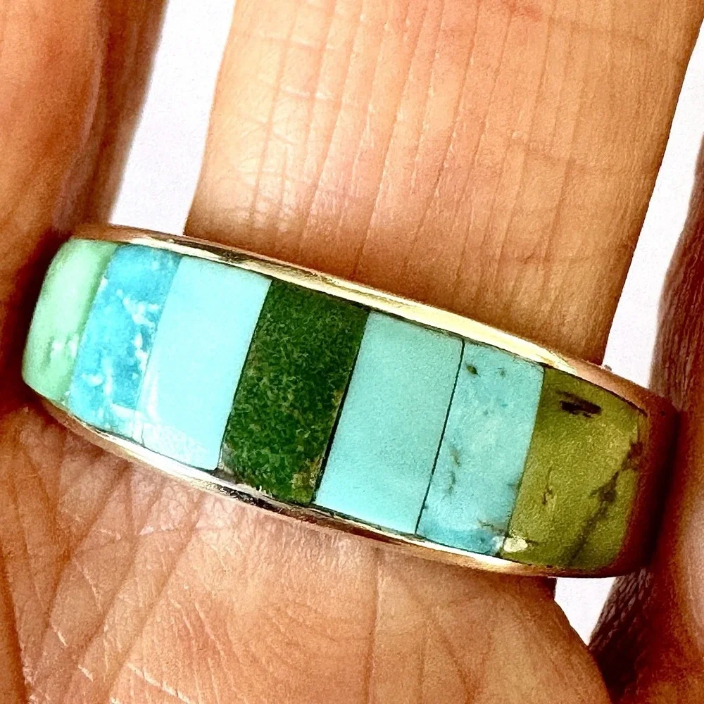Navajo Mens Wedding Band Turquoise Inlay Sz 12.5 Ring 8mm Signed Tsosie Native